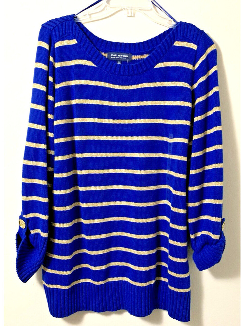 Jones New York Signature Sweater 1X Vintage NWT Blue Sapphire Gold Stripe Cozy